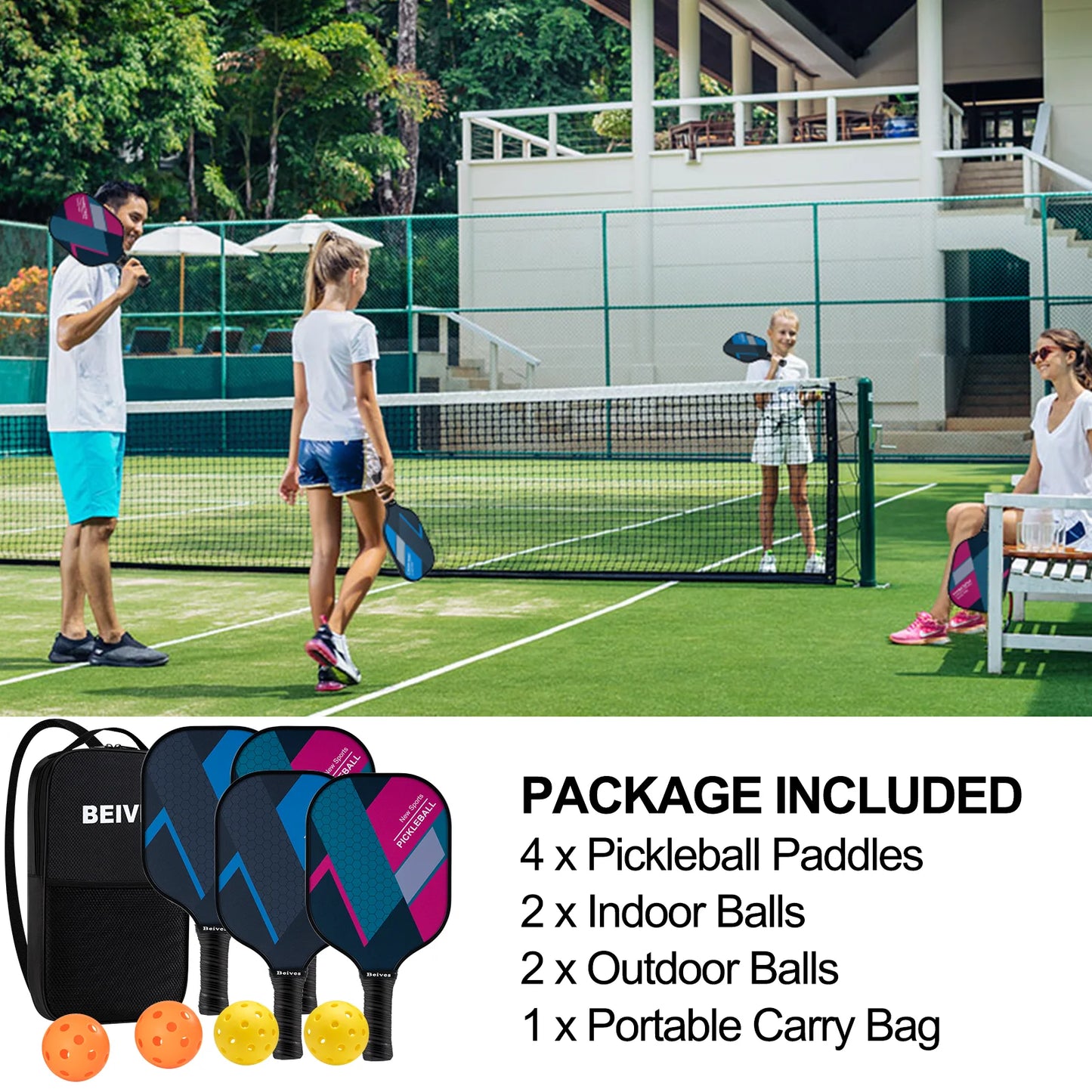 Pickleball Paddles Set of 4, Fiberglass Surface & Polypropylene Core 4 Balls & Carry Bag | Lightweight, Durable Design for Indoor/Outdoor Play | Family & Group Game Kit