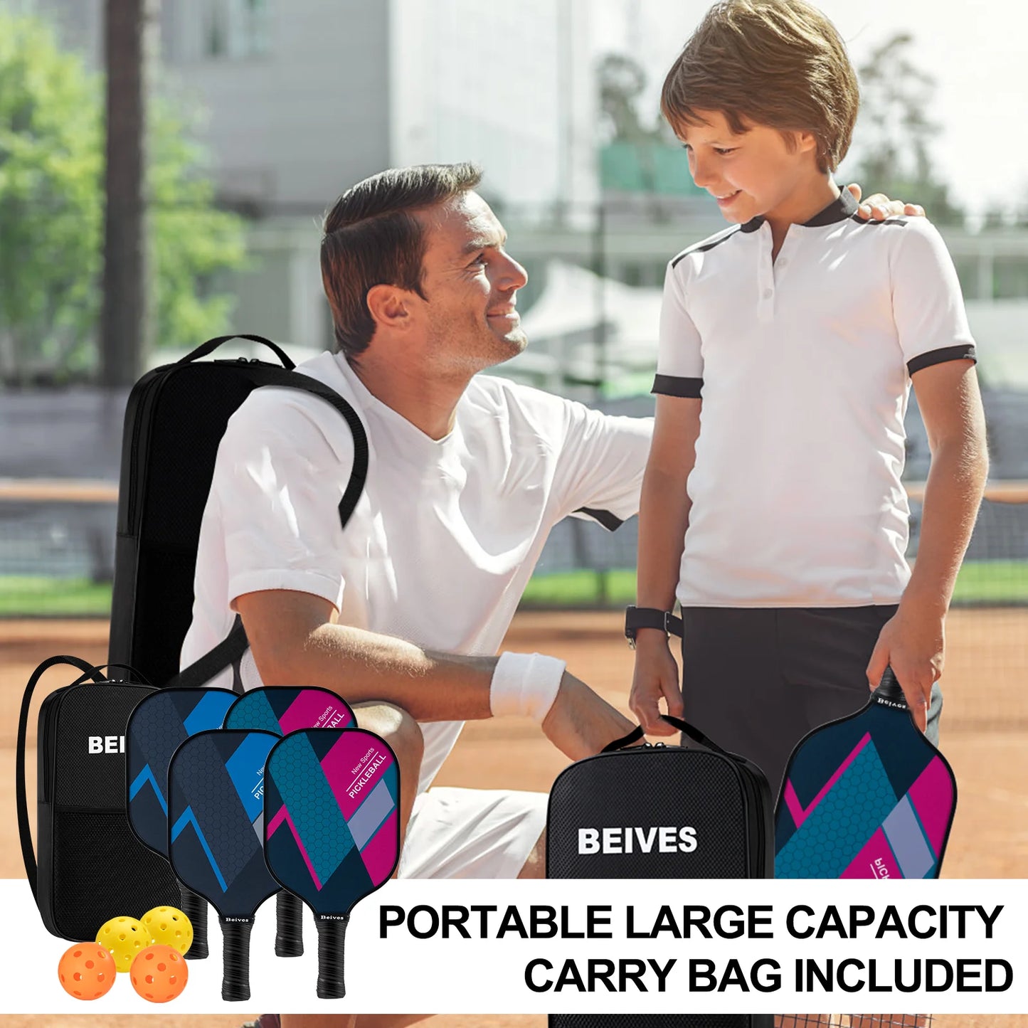 Pickleball Paddles Set of 4, Fiberglass Surface & Polypropylene Core 4 Balls & Carry Bag | Lightweight, Durable Design for Indoor/Outdoor Play | Family & Group Game Kit