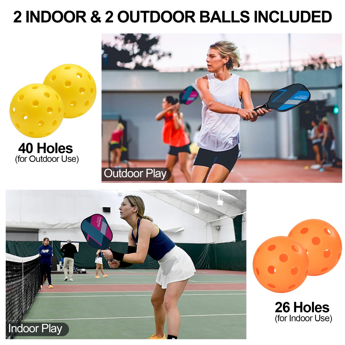 Pickleball Paddles Set of 4, Fiberglass Surface & Polypropylene Core 4 Balls & Carry Bag | Lightweight, Durable Design for Indoor/Outdoor Play | Family & Group Game Kit